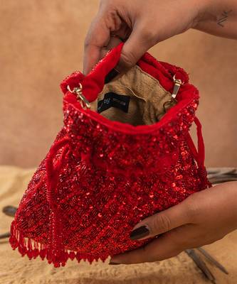 Red silk embroidered shimmer viel potli bag 5