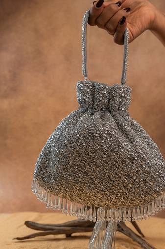 Silver silk embroidered shimmer viel potli bag