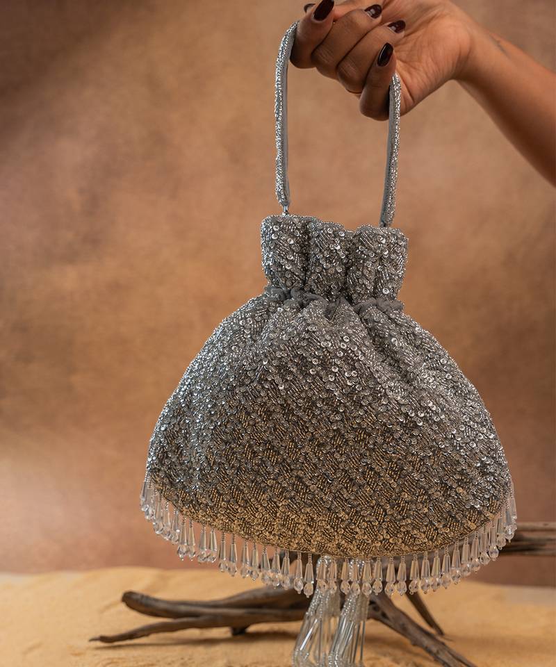 Silver silk embroidered shimmer viel potli bag
