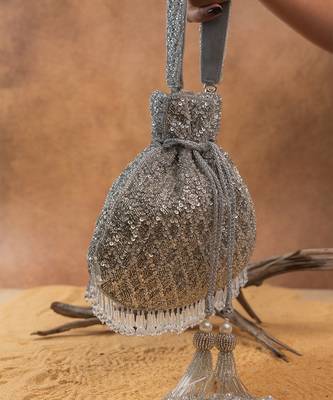 Silver silk embroidered shimmer viel potli bag 2
