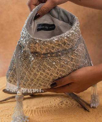 Silver silk embroidered shimmer viel potli bag 4