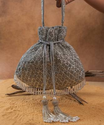 Silver silk embroidered shimmer viel potli bag 5