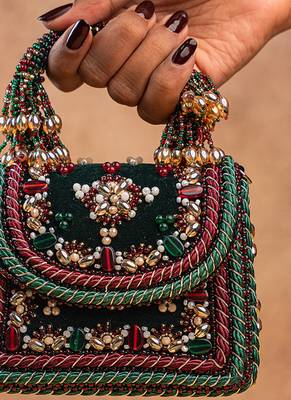 Emerald green velvet embroidered charm hand bag 1