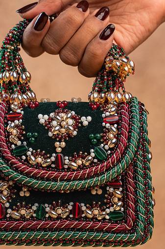 Emerald green velvet embroidered charm hand bag