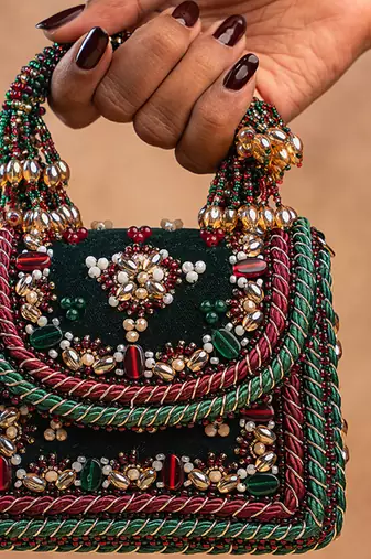Emerald green velvet embroidered charm hand bag
