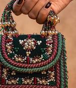 Emerald green velvet embroidered charm hand bag