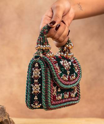 Emerald green velvet embroidered charm hand bag 2