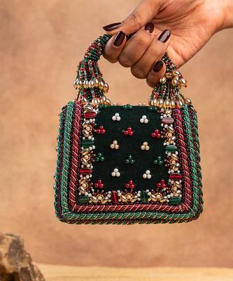 Emerald green velvet embroidered charm hand bag 3