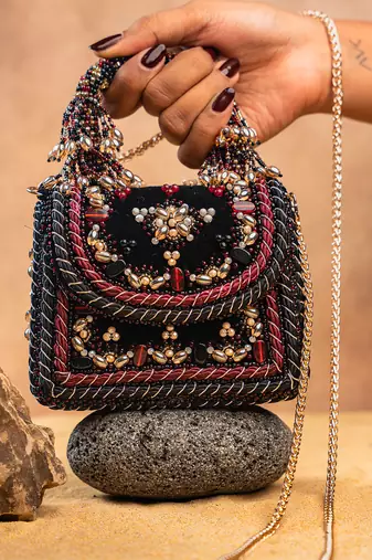 Black velvet embroidered noir hand bag