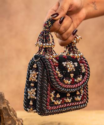 Black velvet embroidered noir hand bag 2