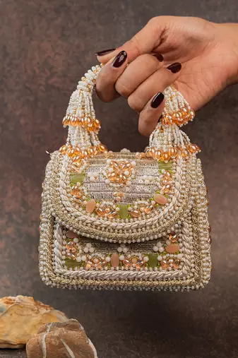 Gold velvet embroidered hand bag