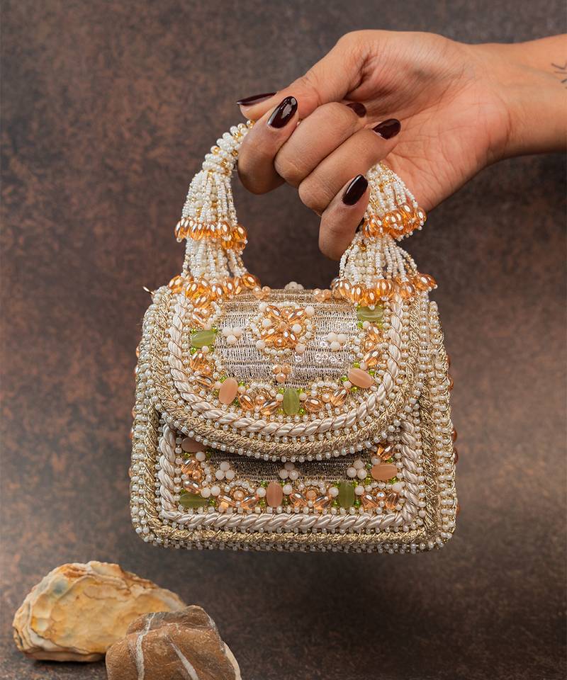 Gold velvet embroidered hand bag