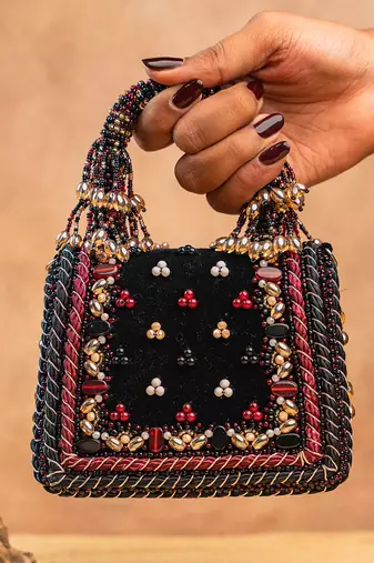 Black charm wine silk embroidered hand bag