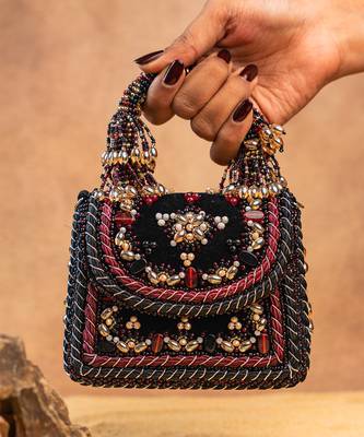 Black charm wine silk embroidered hand bag 4