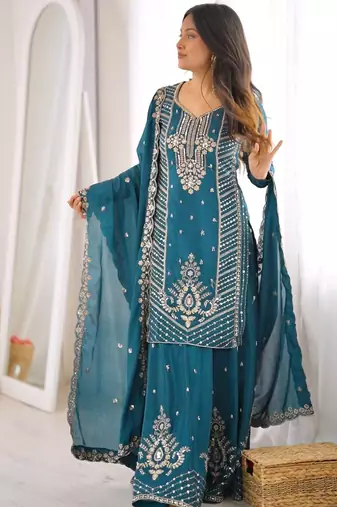 Peacock teal premium chinon silk blend embroidered suit