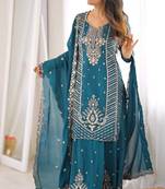 Peacock teal premium chinon silk blend embroidered suit