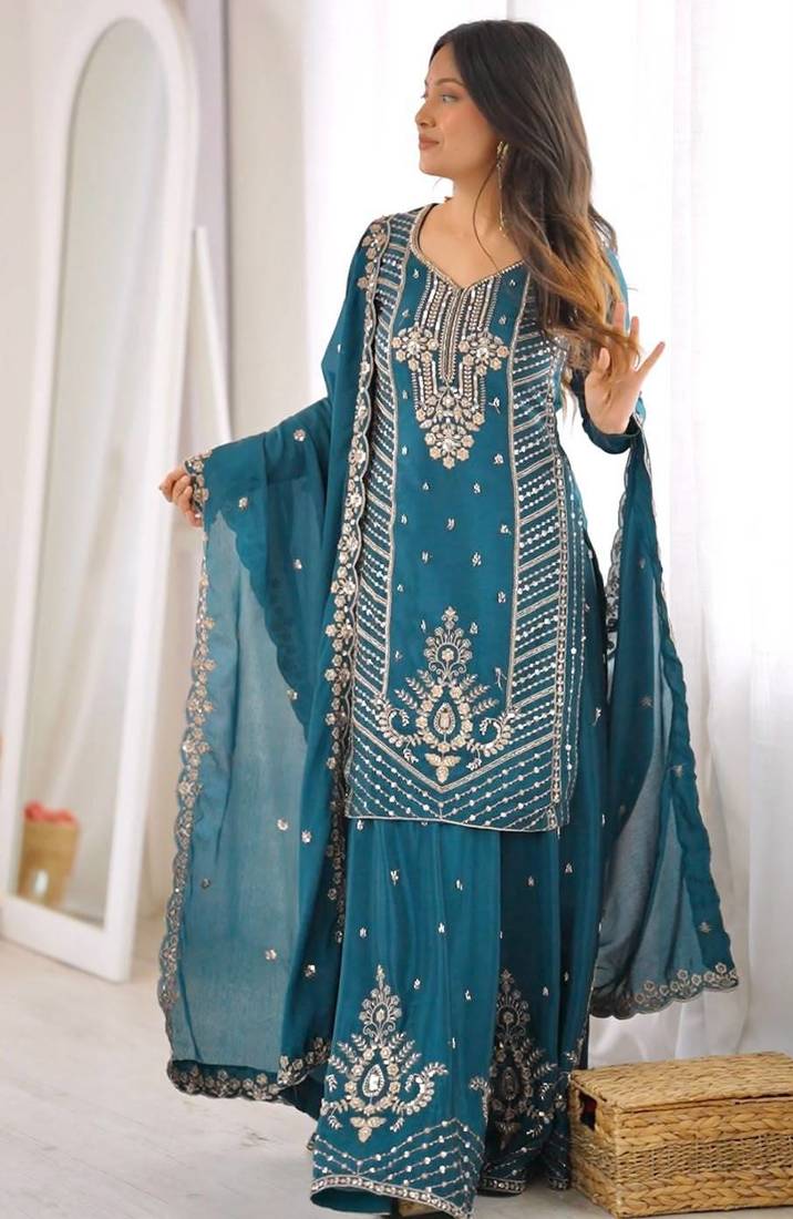 Peacock teal premium chinon silk blend embroidered suit