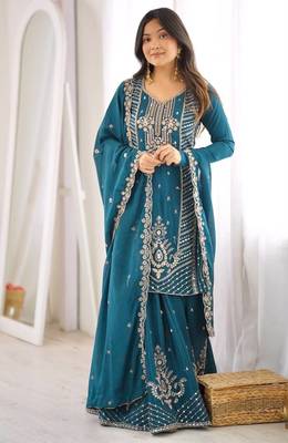 Peacock teal premium chinon silk blend embroidered suit 2