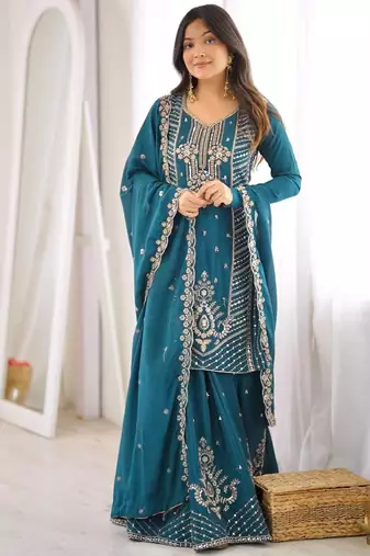 Peacock teal premium chinon silk blend embroidered suit