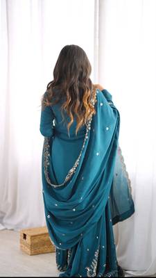 Peacock teal premium chinon silk blend embroidered suit 3