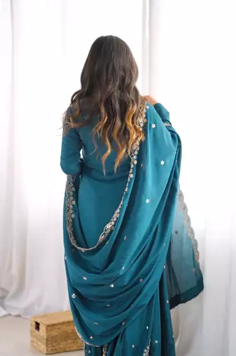 Peacock teal premium chinon silk blend embroidered suit