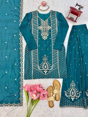 Peacock teal premium chinon silk blend embroidered suit 4