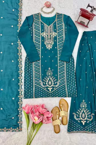 Peacock teal premium chinon silk blend embroidered suit