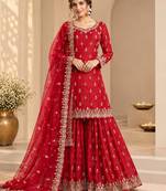 Red chinon silk blend embroidered sharara suit set