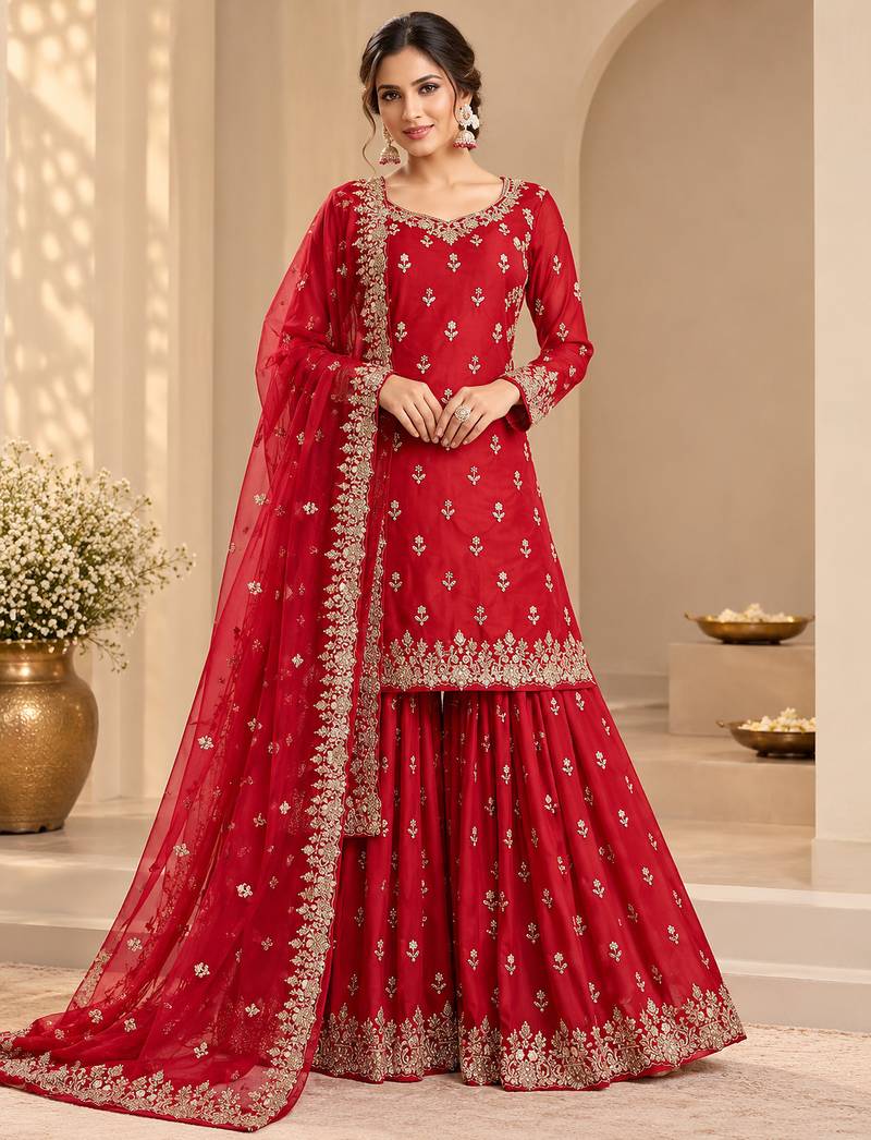 Red chinon silk blend embroidered sharara suit set