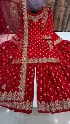 Red chinon silk blend embroidered sharara suit set 3