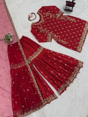 Red chinon silk blend embroidered sharara suit set 4