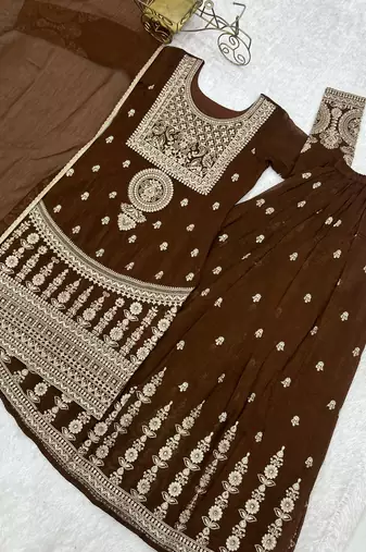 Brown Color New Arrival Palazzo Suit Set With Dupatta Designer Shararar Suit Set