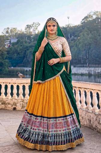 yellow rayon bandhej ajrakh print silk blend chaniya choli with sequins lace