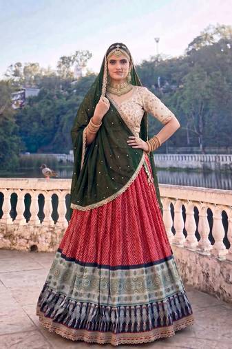 red rayon bandhej silk chaniya choli with sequins thread embroidery