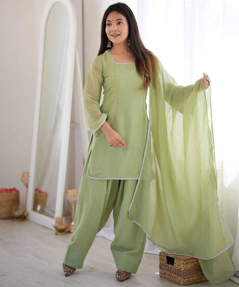 Pista Color Special Farshi Salwar Suit Set Beautiful Suit Set With Dupatta