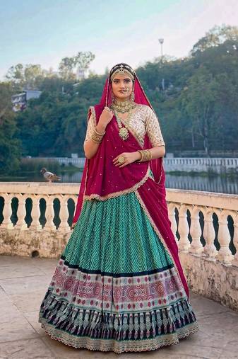 pink rayon bandhej silk chaniya choli with sequins thread embroidery lace