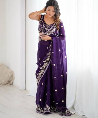 Purple silk blend sequins work embroidered saree 1