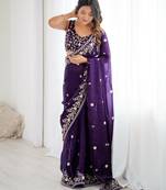 Purple silk blend sequins work embroidered saree