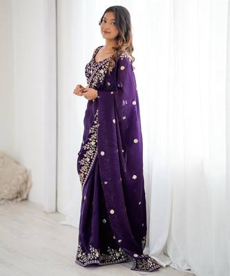 Purple silk blend sequins work embroidered saree 3
