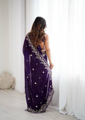 Purple silk blend sequins work embroidered saree 4