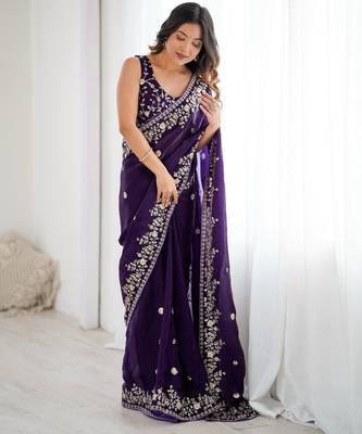 Purple silk blend sequins work embroidered saree 5