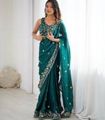 Dark-teal silk blend sequins work embroidered saree