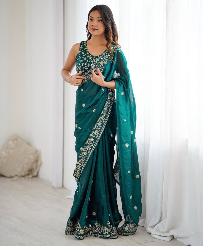 Dark-teal silk blend sequins work embroidered saree