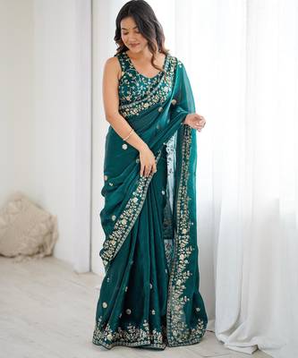 Dark-teal silk blend sequins work embroidered saree 2