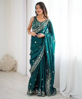 Dark-teal silk blend sequins work embroidered saree 3