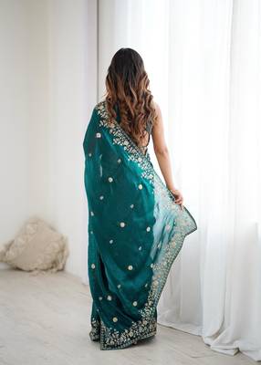 Dark-teal silk blend sequins work embroidered saree 4