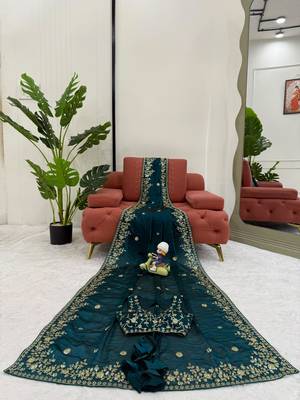 Dark-teal silk blend sequins work embroidered saree 5