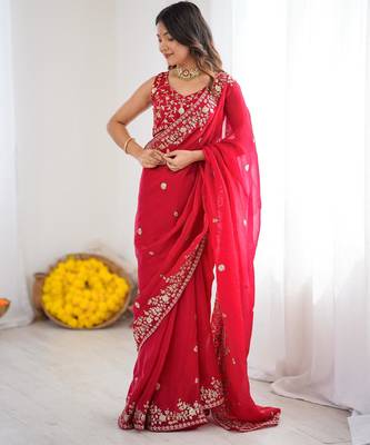 Red silk blend sequins work embroidered saree 1