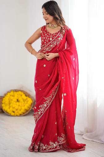 Red silk blend sequins work embroidered saree
