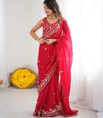 Red silk blend sequins work embroidered saree